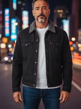 Levis Mens Black Sherpa Collar Denim Jacket - Classic Casual